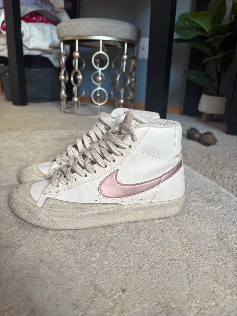 Nike Women’s High-Top Sneaker in White with Rose Gold Swoosh